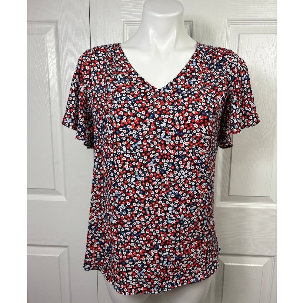 Loft Women's V-Neck Blouse Small Floral Print Short Sleeve LIghtweight Black Red